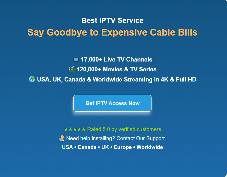 Digital dashboard of a premium IPTV provider displaying high-definition channel categories and a vast VOD library on a smart TV screen.